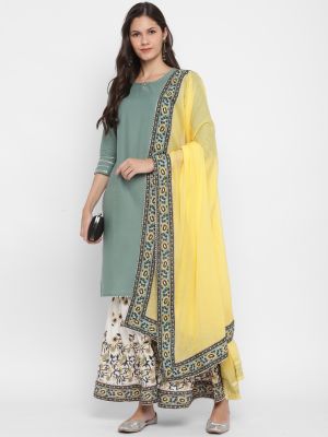 pastel green pure cotton kurti with palazzo and dupatta fabku20385