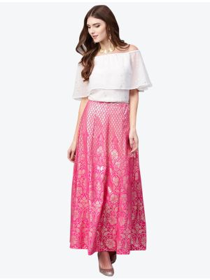 pink chiffon metallic printed skirt and top swatch fabku20366