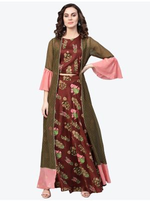 reddish brown poly silk printed skirt and top with jacket swatch fabku20374