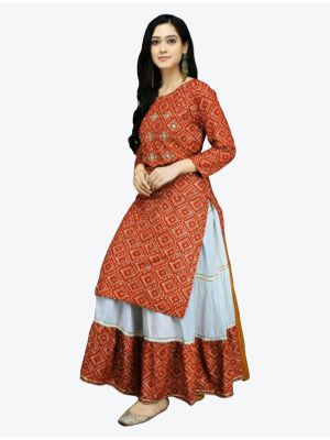 rust pure rayon bandhej printed kurti with skirt fabku20353
