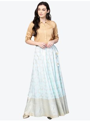 sea green poly silk metallic printed skirt and top swatch fabku20368
