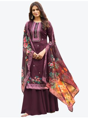 Wine Jam Cotton Hand Work Straight Suit with Dupatta small FABSL20467