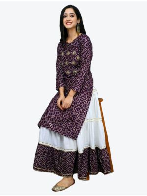 wine pure rayon bandhej printed kurti with skirt fabku20355