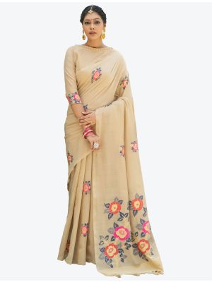 Beige Woven Jacquard Soft Linen Cotton Designer Saree small FABSA21097