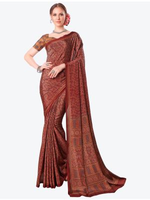 Brick Red Printed Fine Crepe Designer Saree small FABSA21092