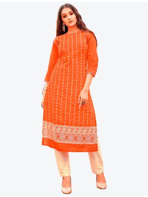 bright orange pure cotton thread embroidered kurti with pant fabku20401