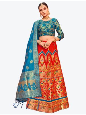 Bright Red Banarasi Silk A Line Lehenga with Dupatta small FABLE20127
