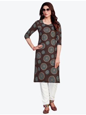dark brown fine rayon bandhej printed kurti with pant fabku20409
