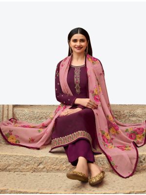 Deep Purple Embroidered Royal Crepe Straight Suit with Printed Dupatta small FABSL20515