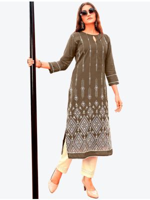 dusky brown pure cotton thread embroidered kurti with pant fabku20402