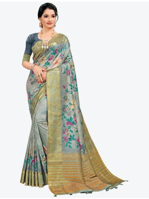 Grey Woven Digital Printed South Cotton Designer Saree small FABSA21117