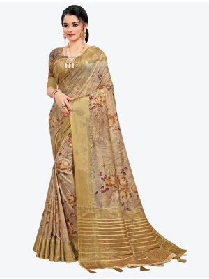 Light Brown Woven Digital Printed South Cotton Designer Saree small FABSA21121