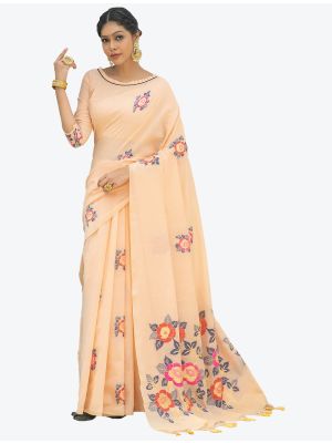 Light Peach Woven Jacquard Soft Linen Cotton Designer Saree small FABSA21101