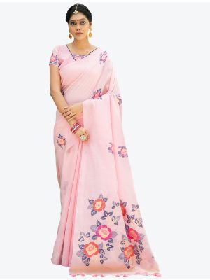Light Pink Woven Jacquard Soft Linen Cotton Designer Saree small FABSA21096