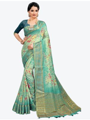 Light Teal Woven Digital Printed South Cotton Designer Saree small FABSA21122