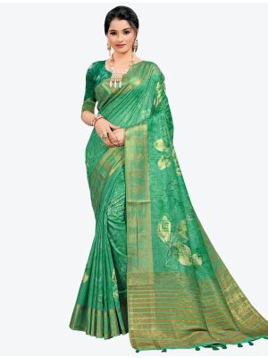 Pastel Green Woven Digital Printed South Cotton Designer Saree small FABSA21126