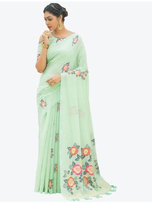 Pastel Green Woven Jacquard Soft Linen Cotton Designer Saree small FABSA21100