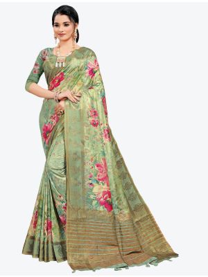 Pista Green Woven Digital Printed South Cotton Designer Saree small FABSA21119