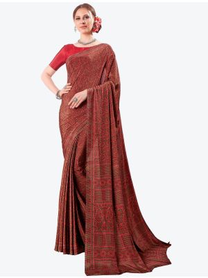 Rust Red Printed Fine Crepe Designer Saree small FABSA21089