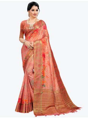 Rust Red Woven Digital Printed South Cotton Designer Saree small FABSA21118