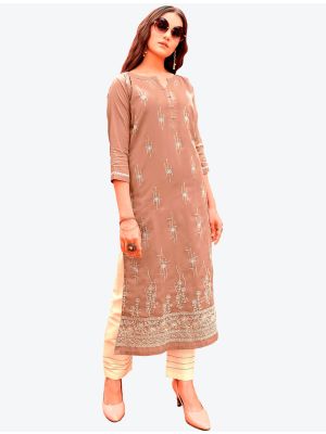 salmon pure cotton thread embroidered kurti with pant fabku20399