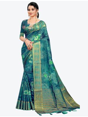 Sea Blue Woven Digital Printed South Cotton Designer Saree small FABSA21124