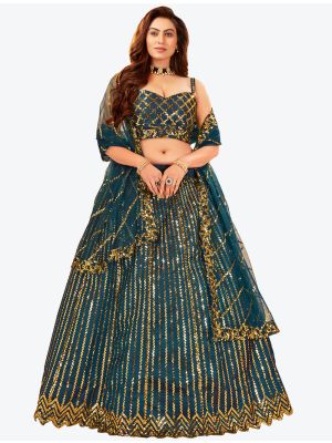 Teal Blue Silk Satin Heavy Designer Lehenga Choli with Dupatta small FABLE20131