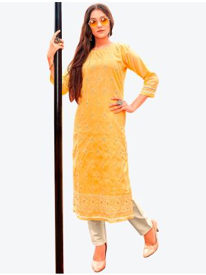warm yellow pure cotton thread embroidered kurti with pant fabku20400