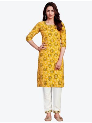 yellow fine rayon bandhej printed kurti with pant fabku20414