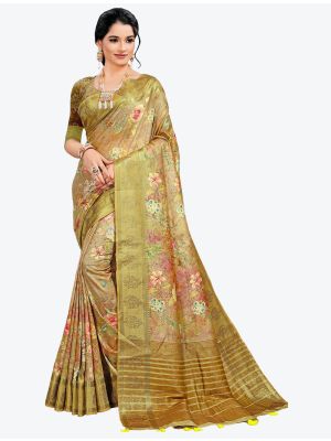 Yellowish Brown Woven Digital Printed South Cotton Designer Saree small FABSA21123