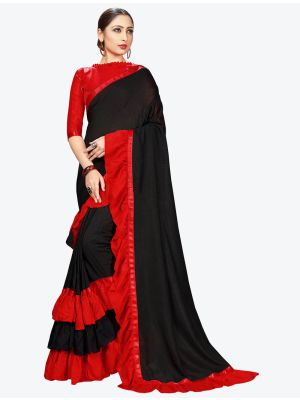 Black Ruffle Frill Fine Georgette Designer Saree small FABSA21160