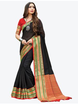 Black Woven Handloom Cotton Designer Saree small FABSA21174