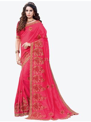 Bright Pink Embroidered Vichitra Silk Designer Saree small FABSA21148