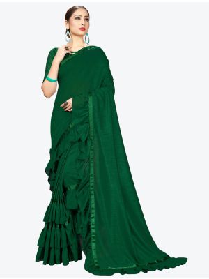 Dark Green Ruffle Frill Fine Georgette Designer Saree small FABSA21159