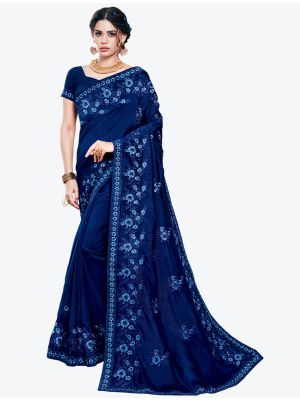 Deep Blue Embroidered Vichitra Silk Designer Saree small FABSA21145