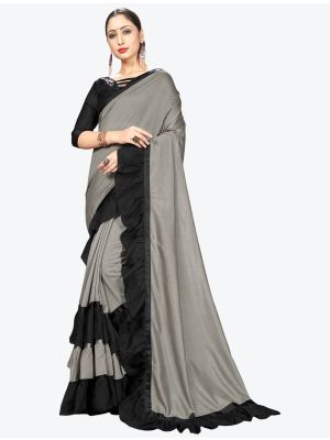 Grey Ruffle Frill Fine Georgette Designer Saree small FABSA21167