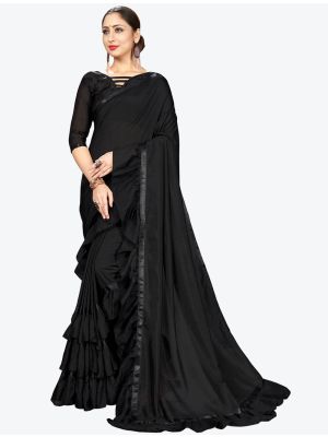 Jet Black Ruffle Frill Fine Georgette Designer Saree small FABSA21154