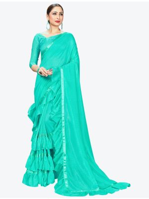 Light Teal Ruffle Frill Fine Georgette Designer Saree small FABSA21157