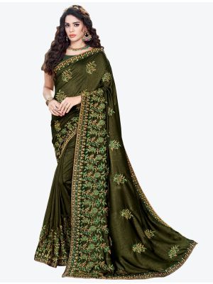 Mehendi Green Embroidered Vichitra Silk Designer Saree small FABSA21147