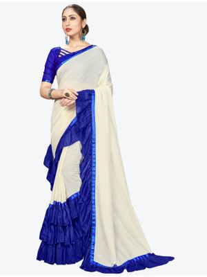 Off white Ruffle Frill Fine Georgette Designer Saree small FABSA21164