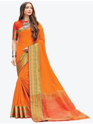 Orange Woven Handloom Cotton Designer Saree small FABSA21176