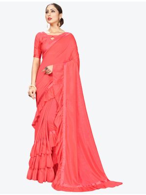 Peach Ruffle Frill Fine Georgette Designer Saree small FABSA21166