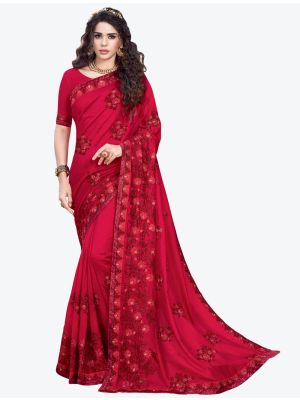 Pinkish Red Embroidered Vichitra Silk Designer Saree small FABSA21152