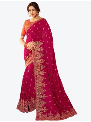 Rani Pink Resham Embroidered Vichitra Silk Designer Saree small FABSA21144