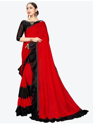 Red Ruffle Frill Fine Georgette Designer Saree FABSA21153