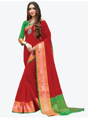 Red Woven Handloom Cotton Designer Saree small FABSA21172