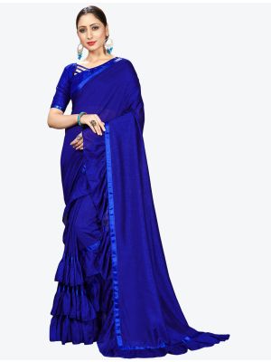 Royal Blue Ruffle Frill Fine Georgette Designer Saree small FABSA21161