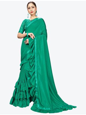 Sea Green Ruffle Frill Fine Georgette Designer Saree small FABSA21168