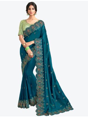 Teal Blue Resham Embroidered Vichitra Silk Designer Saree small FABSA21143