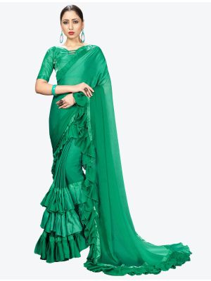 Teal Green Ruffle Frill Fine Georgette Designer Saree small FABSA21162